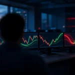Ilustrasi grafik saham abstrak di layar monitor bursa, menggambarkan saham HSC yang dikeluarkan dari IHSG