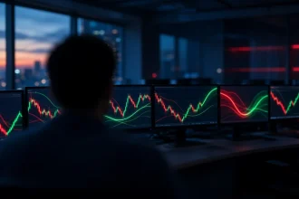 Ilustrasi grafik saham abstrak di layar monitor bursa, menggambarkan saham HSC yang dikeluarkan dari IHSG