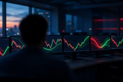 Ilustrasi grafik saham abstrak di layar monitor bursa, menggambarkan saham HSC yang dikeluarkan dari IHSG