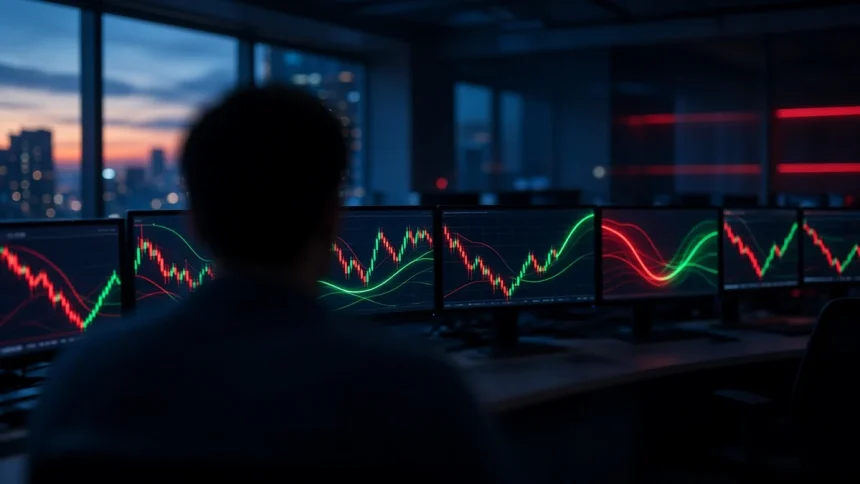 Ilustrasi grafik saham abstrak di layar monitor bursa, menggambarkan saham HSC yang dikeluarkan dari IHSG