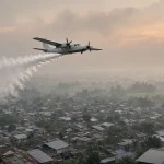 Ilustrasi pesawat penyemaian dry ice melintas di atas permukiman beratap seng yang diselimuti kabut asap