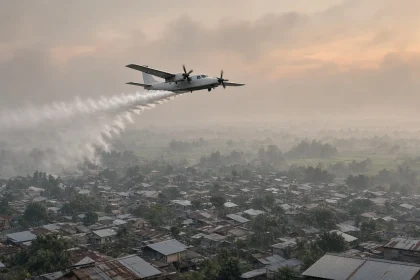 Ilustrasi pesawat penyemaian dry ice melintas di atas permukiman beratap seng yang diselimuti kabut asap