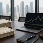 Ilustrasi AI sertifikat saham, laptop grafik saham, dan palu sidang di meja rapat, menggambarkan buyback saham