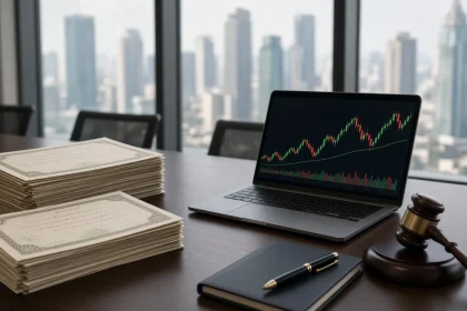Ilustrasi AI sertifikat saham, laptop grafik saham, dan palu sidang di meja rapat, menggambarkan buyback saham