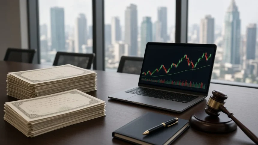 Ilustrasi AI sertifikat saham, laptop grafik saham, dan palu sidang di meja rapat, menggambarkan buyback saham