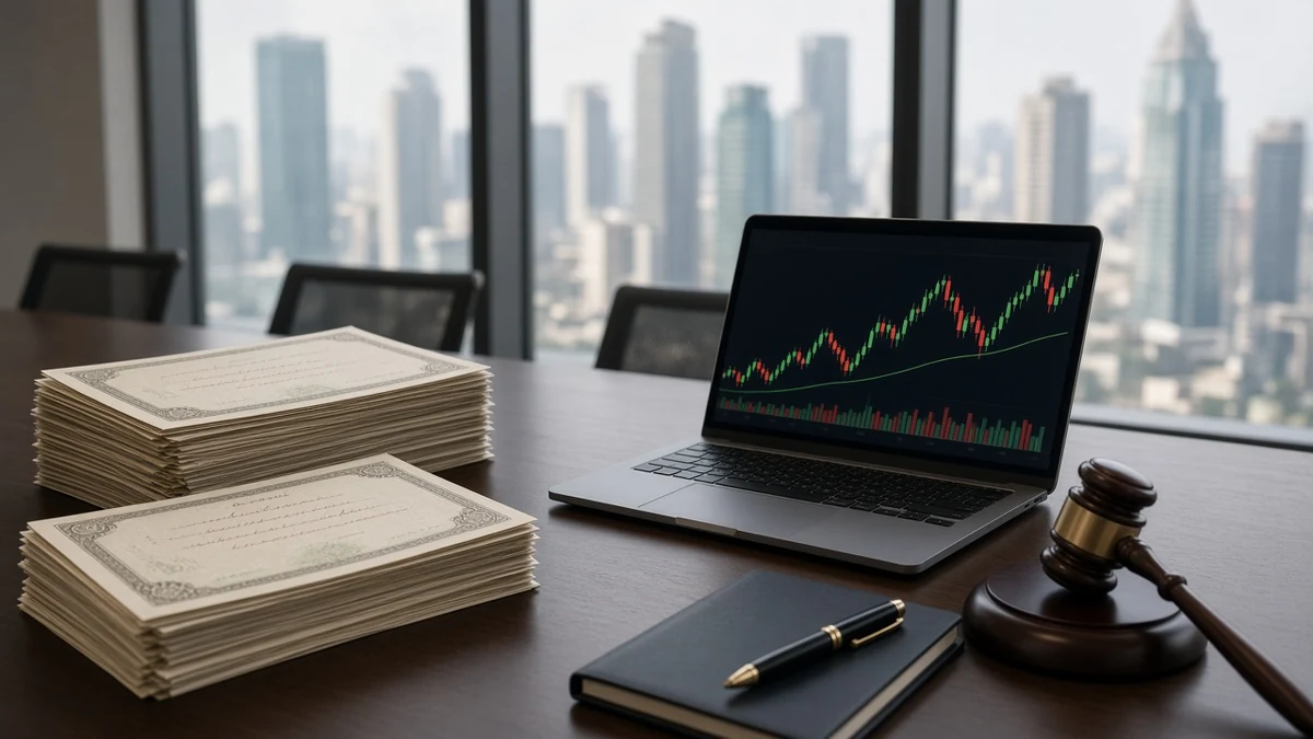 Ilustrasi AI sertifikat saham, laptop grafik saham, dan palu sidang di meja rapat, menggambarkan buyback saham
