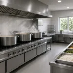 Dapur industri dengan panci, nampan makanan, dan kamera dapur MBG CCTV di langit-langit
