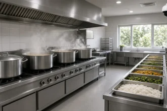 Dapur industri dengan panci, nampan makanan, dan kamera dapur MBG CCTV di langit-langit