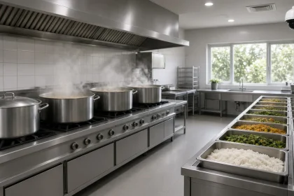 Dapur industri dengan panci, nampan makanan, dan kamera dapur MBG CCTV di langit-langit