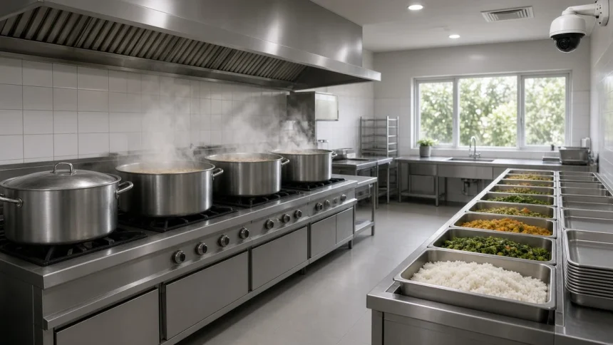 Dapur industri dengan panci, nampan makanan, dan kamera dapur MBG CCTV di langit-langit