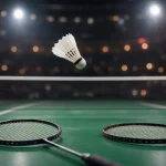 Ilustrasi kok melayang di atas net dan dua raket di lapangan bulu tangkis hijau, terkait final Denmark Open 2026