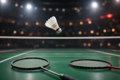 Ilustrasi kok melayang di atas net dan dua raket di lapangan bulu tangkis hijau, terkait final Denmark Open 2026