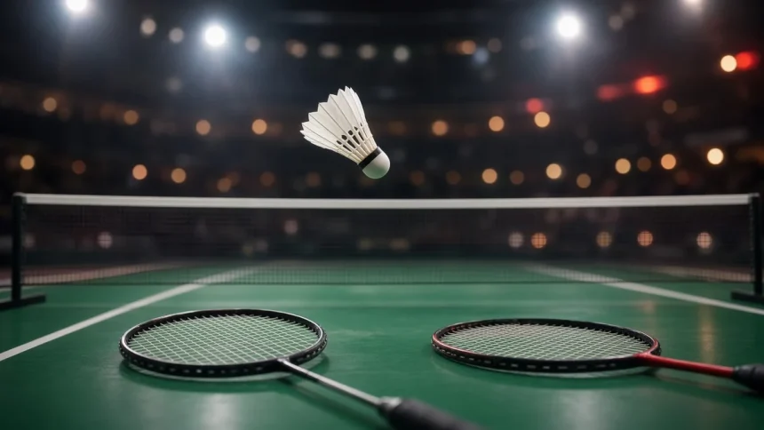 Ilustrasi kok melayang di atas net dan dua raket di lapangan bulu tangkis hijau, terkait final Denmark Open 2026
