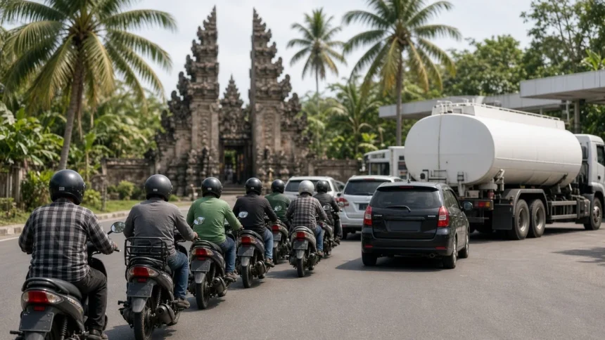 Ilustrasi ganjil genap BBM Bali: antrean sepeda motor dan mobil menuju SPBU, truk tangki BBM tiba
