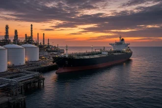 Ilustrasi kapal tanker dan tangki penyimpanan di terminal BBM terkait harga minyak ICP