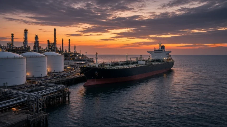 Ilustrasi kapal tanker dan tangki penyimpanan di terminal BBM terkait harga minyak ICP