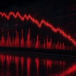 Ilustrasi AI layar bursa dengan grafik candlestick merah menukik tajam, menggambarkan IHSG anjlok