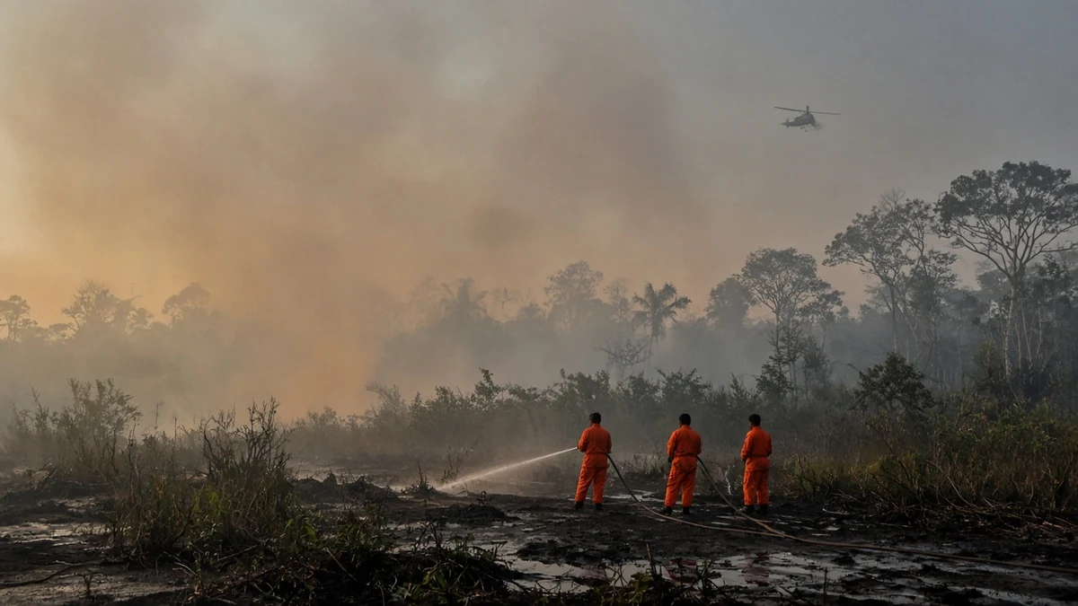 Ilustrasi karhutla yang belum berstatus bencana nasional: petugas memadamkan api di lahan gambut berasap