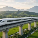 Ilustrasi kereta cepat melaju di jalur layang dengan latar perbukitan, menggambarkan penumpang WNA Whoosh