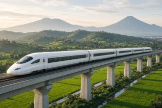 Ilustrasi kereta cepat melaju di jalur layang dengan latar perbukitan, menggambarkan penumpang WNA Whoosh