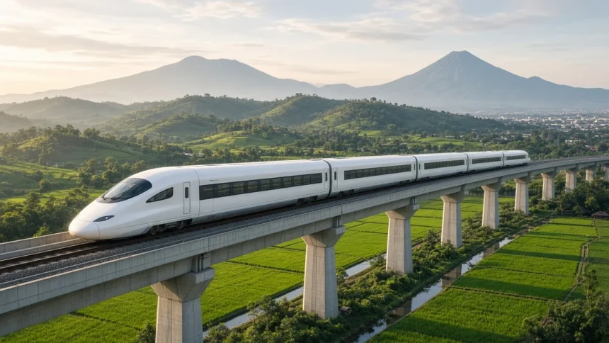Ilustrasi kereta cepat melaju di jalur layang dengan latar perbukitan, menggambarkan penumpang WNA Whoosh