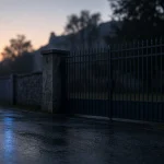 Ilustrasi kasus polisi tembak polisi Pondok Cabe: gerbang besi kompleks tertutup saat subuh dengan pantulan lampu darurat