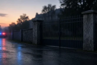 Ilustrasi kasus polisi tembak polisi Pondok Cabe: gerbang besi kompleks tertutup saat subuh dengan pantulan lampu darurat