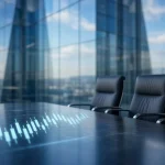 Ilustrasi ruang rapat dan grafik abstrak terkait coordinated trading OJK di pasar modal