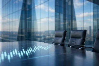 Ilustrasi ruang rapat dan grafik abstrak terkait coordinated trading OJK di pasar modal