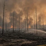Ilustrasi penanganan karhutla: petugas menyemprot api di lahan gambut terbakar berselimut kabut asap