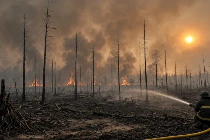 Ilustrasi penanganan karhutla: petugas menyemprot api di lahan gambut terbakar berselimut kabut asap