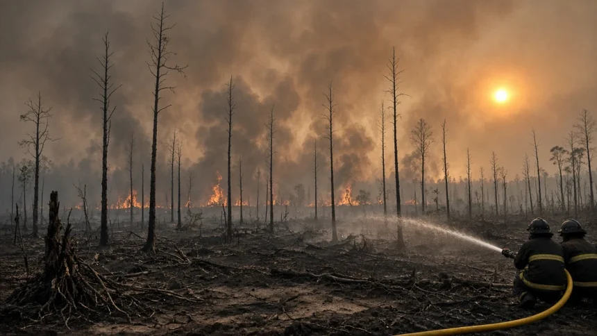 Ilustrasi penanganan karhutla: petugas menyemprot api di lahan gambut terbakar berselimut kabut asap