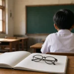 Ilustrasi murid membaca buku di kelas, menggambarkan masalah kognitif siswa SD terkait penglihatan