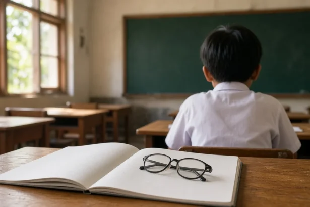 Ilustrasi murid membaca buku di kelas, menggambarkan masalah kognitif siswa SD terkait penglihatan