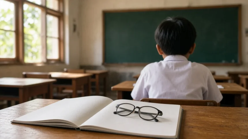 Ilustrasi murid membaca buku di kelas, menggambarkan masalah kognitif siswa SD terkait penglihatan