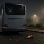 Ilustrasi penyerangan bus Persib U-18: bus kosong berkaca belakang retak di rest area tol malam hari