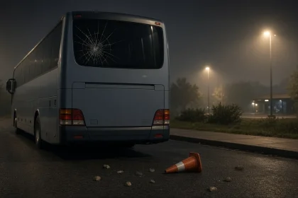 Ilustrasi penyerangan bus Persib U-18: bus kosong berkaca belakang retak di rest area tol malam hari