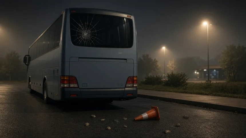 Ilustrasi penyerangan bus Persib U-18: bus kosong berkaca belakang retak di rest area tol malam hari