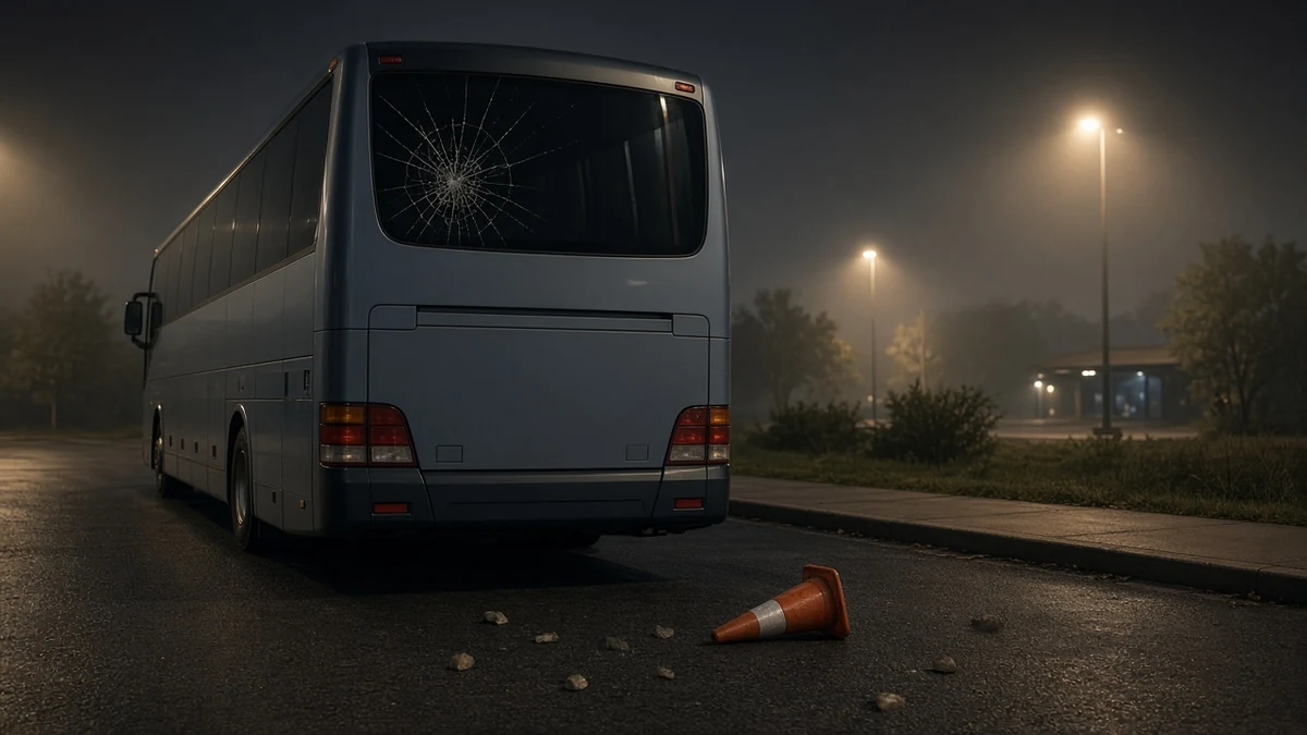 Ilustrasi penyerangan bus Persib U-18: bus kosong berkaca belakang retak di rest area tol malam hari