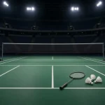 Ilustrasi French Open 2026: lapangan bulu tangkis kosong dengan raket dan kok di bawah lampu arena