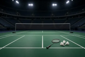 Ilustrasi French Open 2026: lapangan bulu tangkis kosong dengan raket dan kok di bawah lampu arena