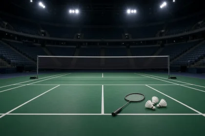 Ilustrasi French Open 2026: lapangan bulu tangkis kosong dengan raket dan kok di bawah lampu arena