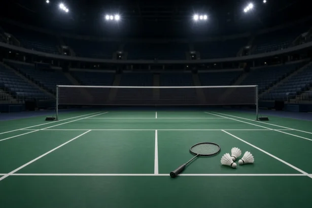 Ilustrasi French Open 2026: lapangan bulu tangkis kosong dengan raket dan kok di bawah lampu arena