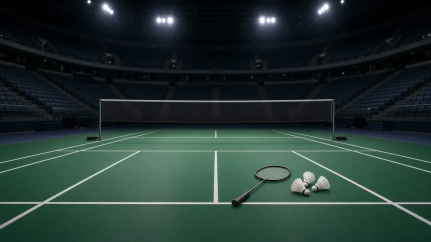 Ilustrasi French Open 2026: lapangan bulu tangkis kosong dengan raket dan kok di bawah lampu arena